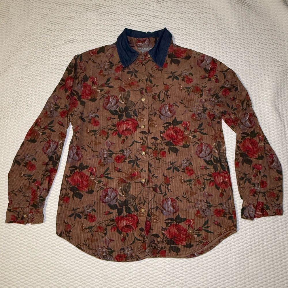 Floral Pattern Button Down with denim collar Sz M… - image 1